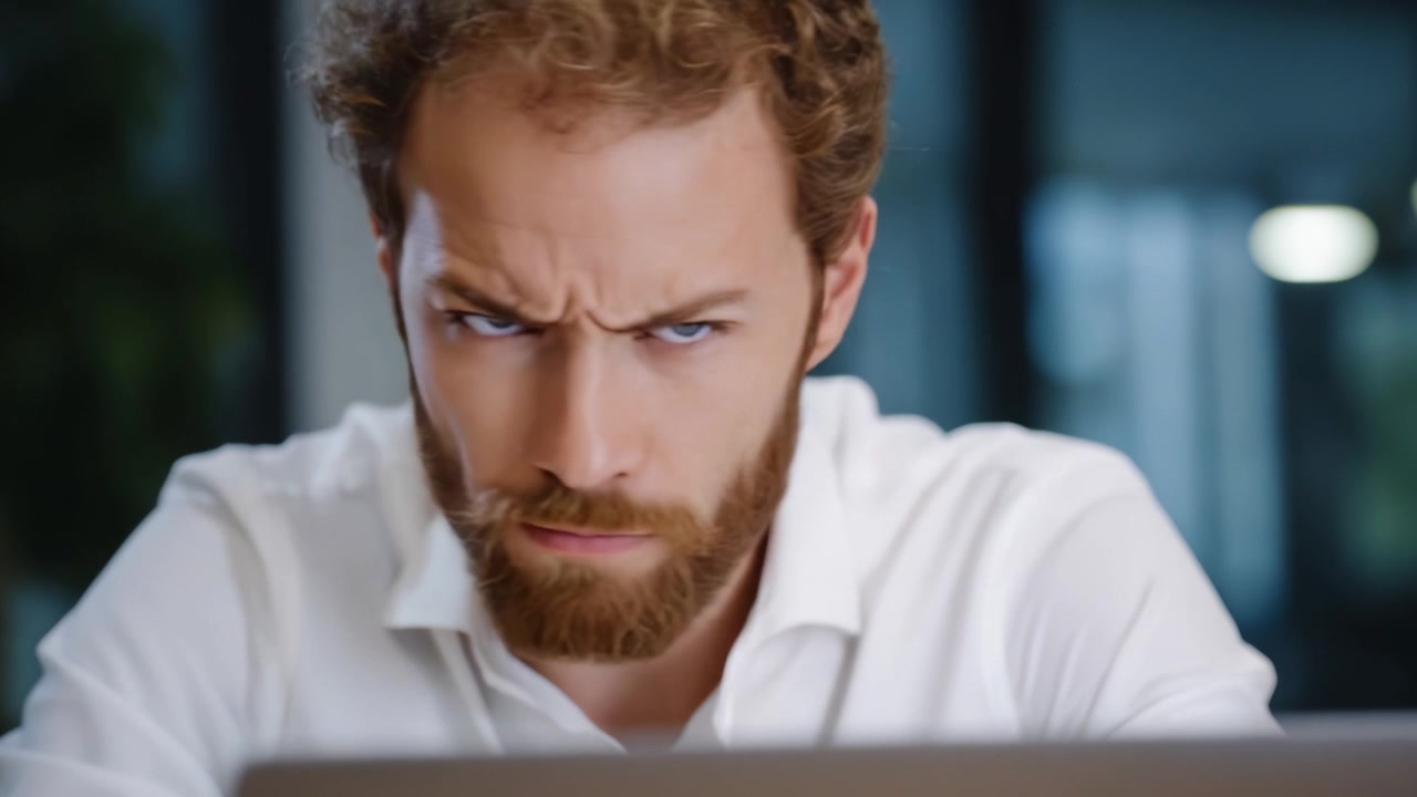 Intense Focus: A Close-Up on a Young Man's Concentrated Expression While Using a Laptop in a Modern Workspace Setting