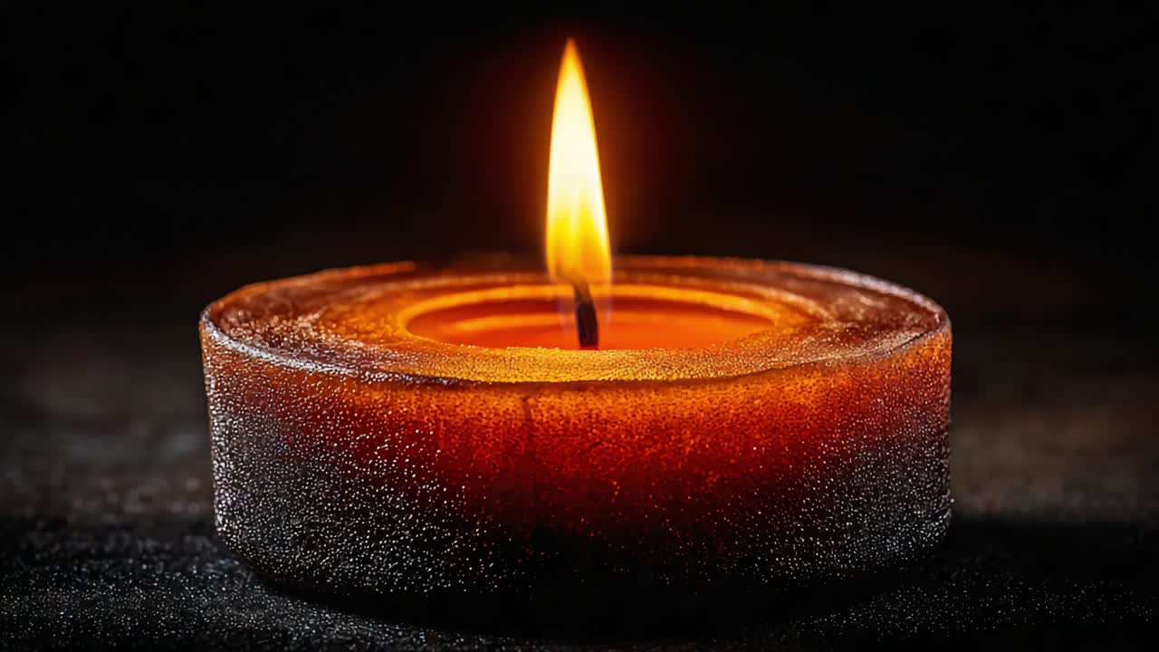 Calore illuminante: Un primo piano di una fiamma di candela tremolante che proietta un bagliore delicato, creando un'atmosfera accogliente in un ambiente scuro