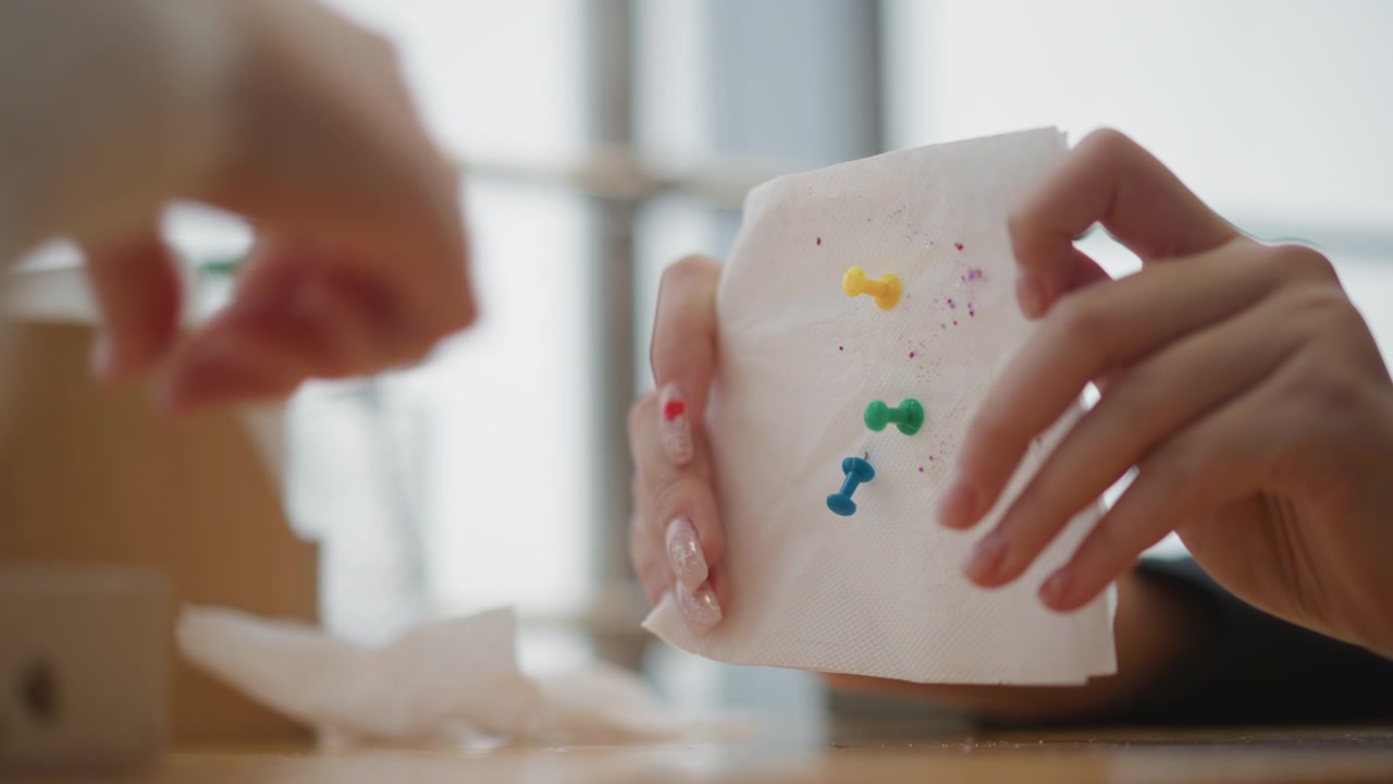 Due paia di mani collaborano su un piccolo foglio bianco per lavoretti decorato con macchioline colorate, pizzicando, premendo e piegando il materiale mentre sistemano pezzi decorativi su un tavolo di legno in un ambiente interno con luce soffusa.