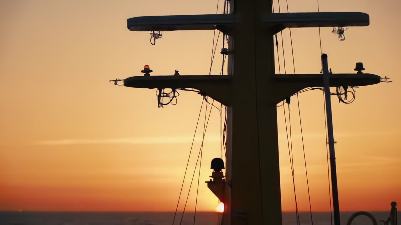 Silhouetted Mast Against a Vibrant Sunset: A Serene Maritime Scene Captured in Time, Showcasing the Beauty of Nature and the Calmness of the Ocean