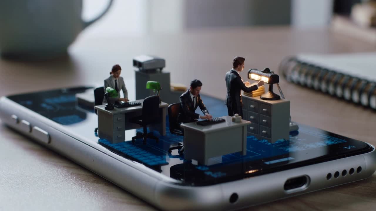 Camera moving, right figure reaching lamp and lighting papers while suited figures working on phone