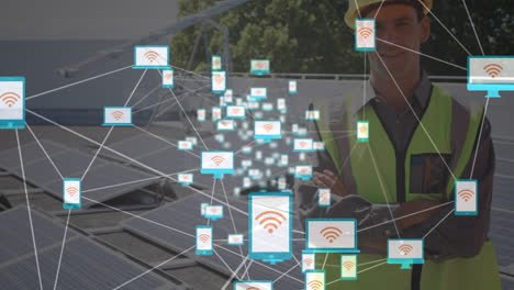 Animation-Eines-Netzwerks-Von-Verbindungen-über-Einem-Kaukasischen-Mann,-Der-Solarmodule-Installiert