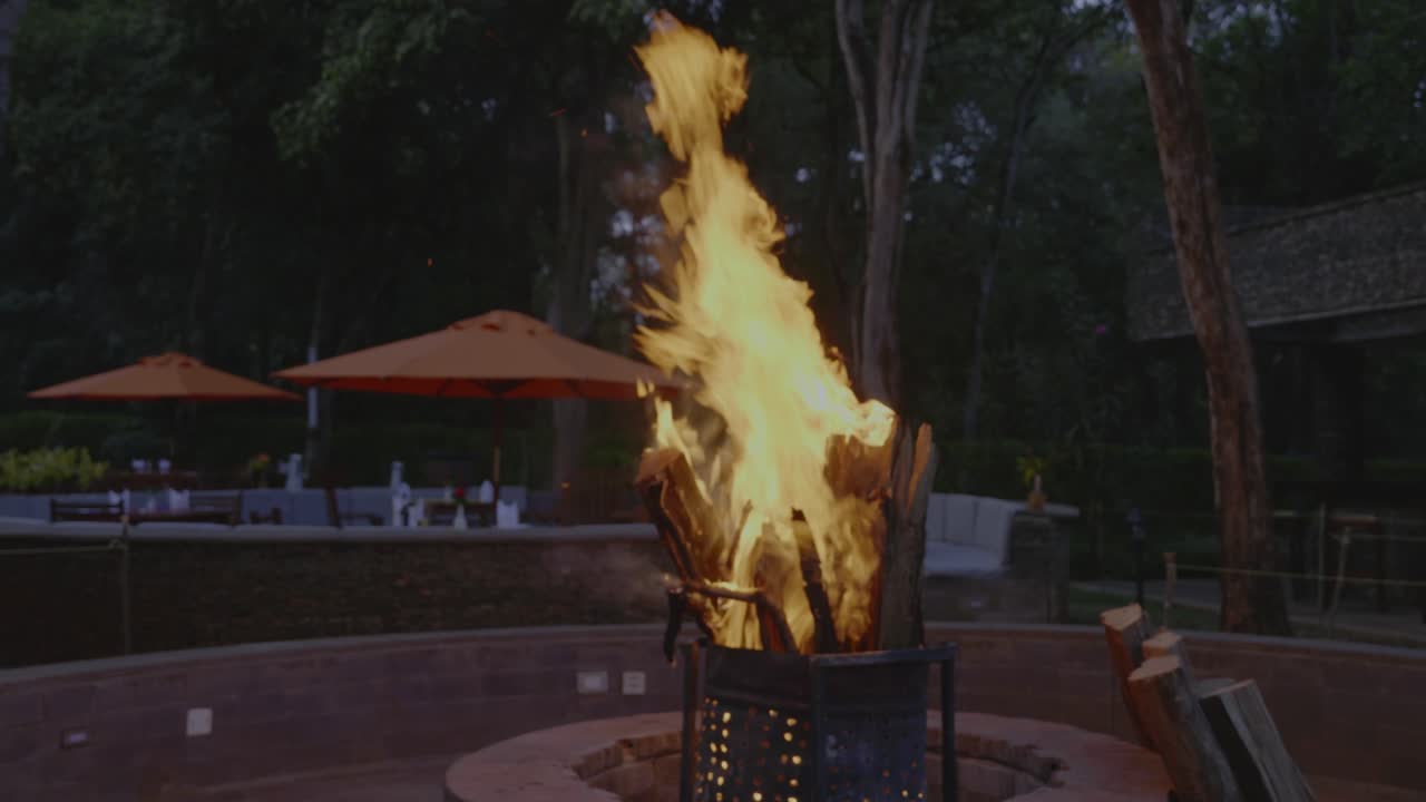 저녁 시간에 자연에서 아름다운 모닥불, 신선한 공기의 높은 불꽃