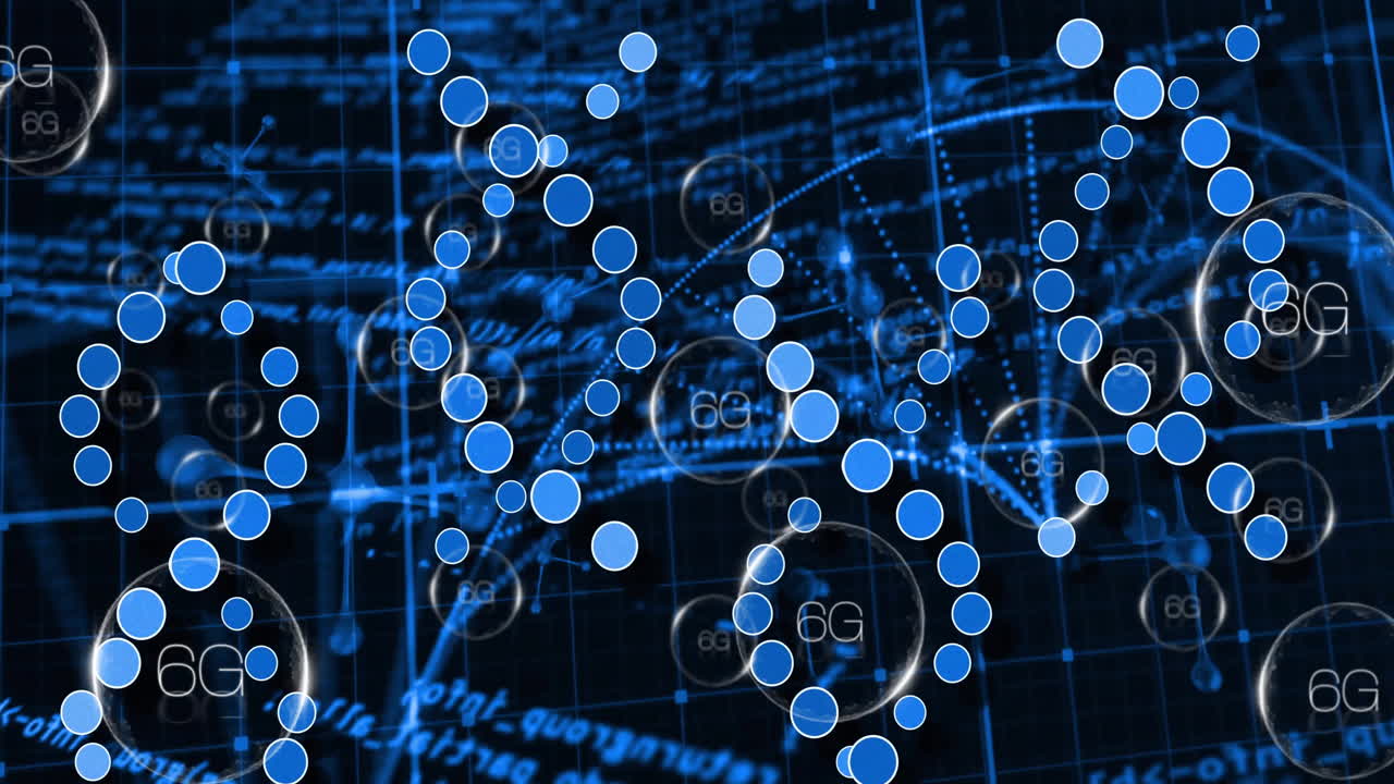 Animation of blue grid with interconnected dots and mathematical equations in school