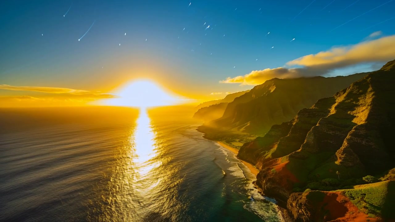 Sol nascente iluminando falésias costeiras e o reflexo do oceano se ampliando, com rastros de estrelas em arco.
