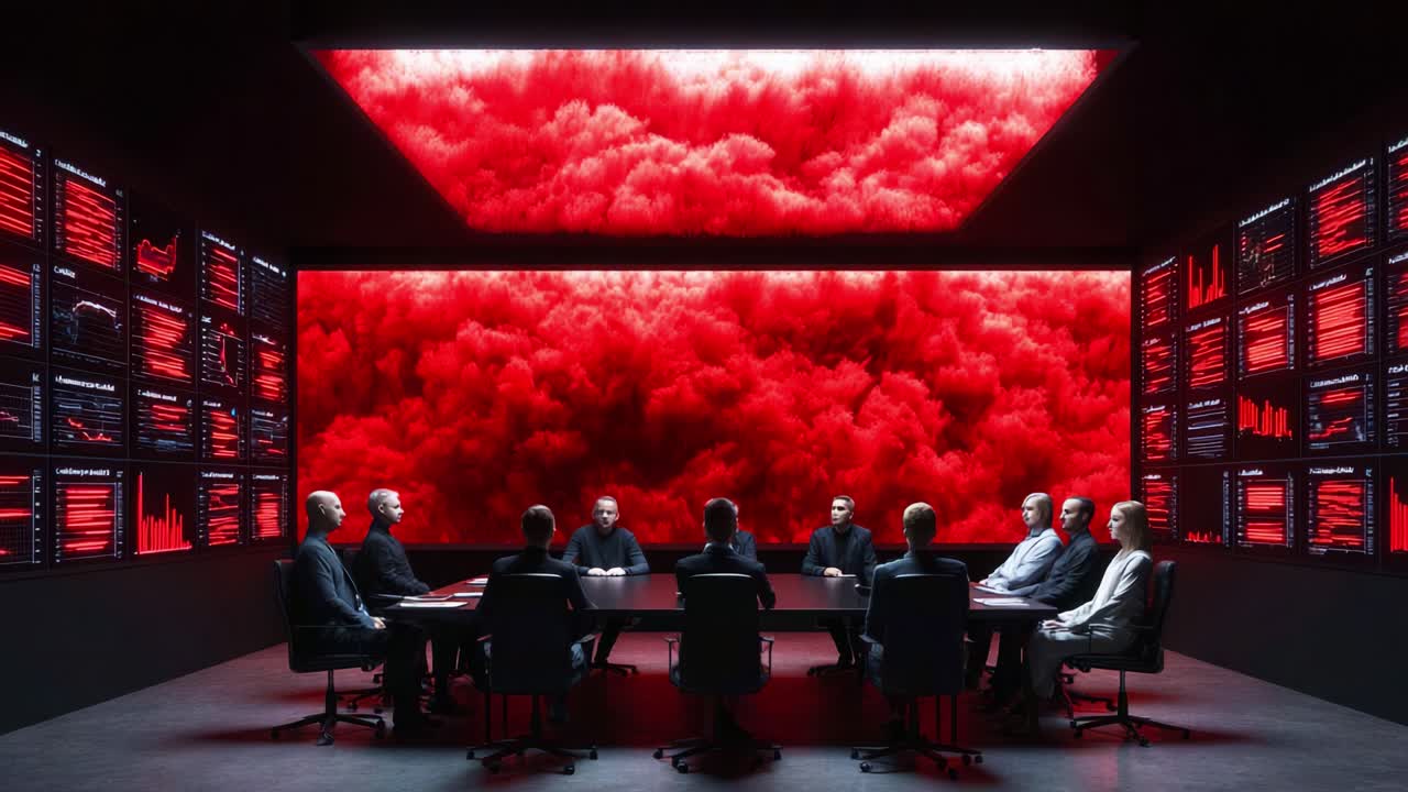 A group of individuals engaged in a strategic meeting in a modern conference room with a striking red background, analyzing complex data on screens surrounding them