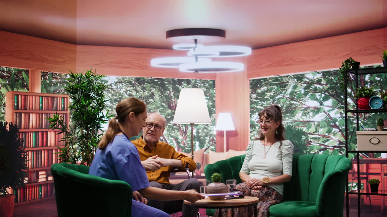 가정에서 체어를 사용하는 노인에게 상담하는 의료 보좌관