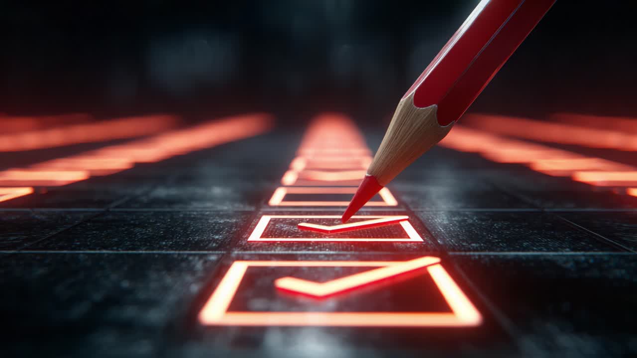 Check Marks on a Glowing Grid: A Visual Journey from Start to Finish, Highlighting the Process of Completion and Confirmation with a Bright Red Pencil