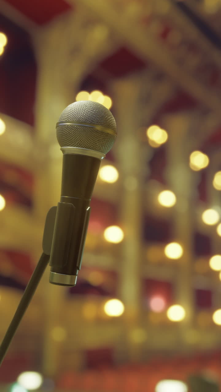 Live-opptreden i et historisk teater med en mikrofon i fokus.