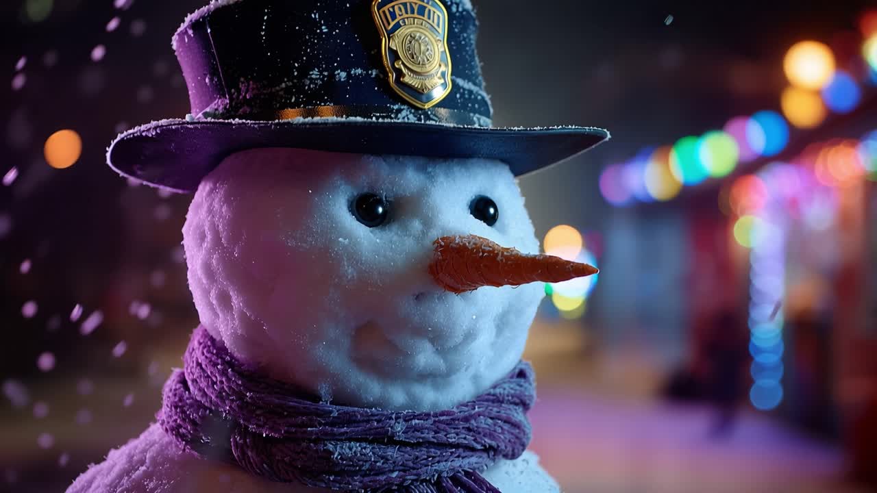 Snowman wears hat and scarf. Lights twinkle softly behind. Snow falls gently around. He looks cheerful and alert. Perfect for festive holiday scenes. Ideal for seasonal marketing or storyboards