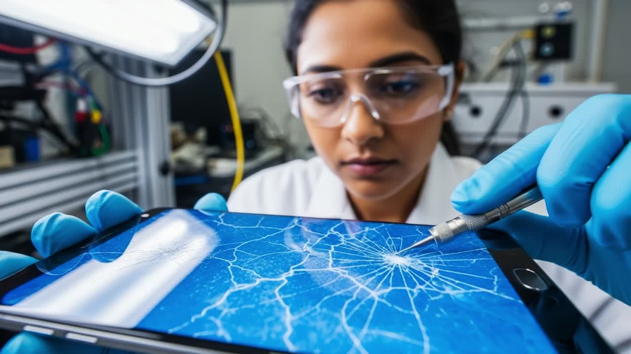 A skilled technician carefully examines a cracked smartphone screen under laboratory conditions, taking precise action to restore its functionality while ensuring safety and focus throughout the process