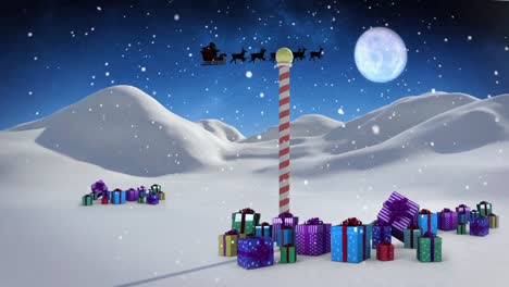 Animación-De-Una-Escena-Navideña-Invernal-Con-Trineo-De-Papá-Noel-Y-Regalos-Vistos-A-Través-De-La-Ventana.