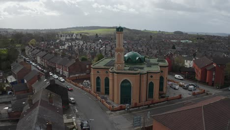 Aerial-view-of-Gilani-Noor-Mosque-in-Longton,-Stoke-on-Trent,-Staffordshire,-the-new-Mosque-being-built-for-the-growing-muslim-community-to-worship-and-congregate