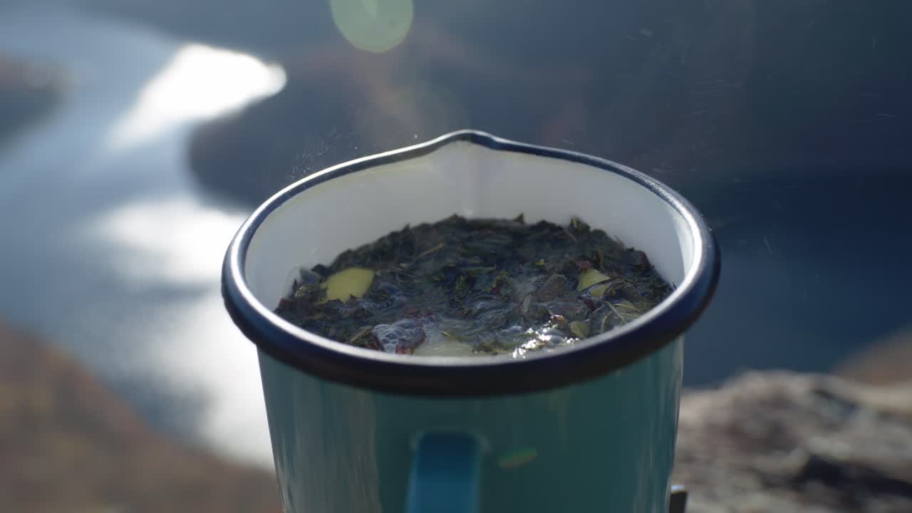 A static close-up shot of hot herbal tea brewing in an enamel mug, featuring tea leaves and lemon slices floating on the surface. Steam rises in the bright, hazy sunlight