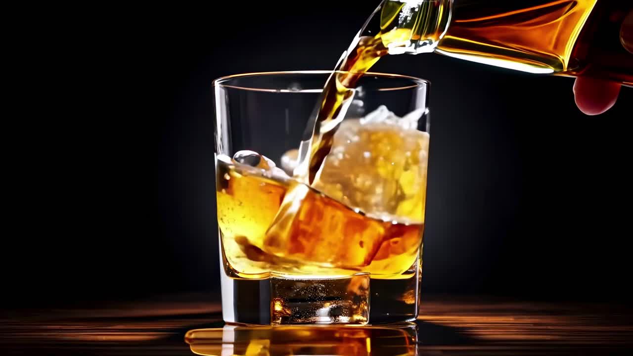 Close-up video of whiskey being poured into a glass with ice, captured from a low angle