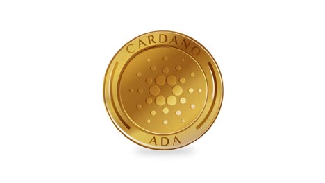 una animación de 20 segundos que muestra una moneda de cardano giratoria sobre un fondo blanco, destacando su diseño y movimiento