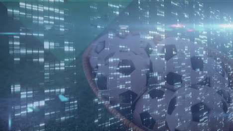 animación del procesamiento de datos digitales sobre una canasta con pelotas de fútbol.