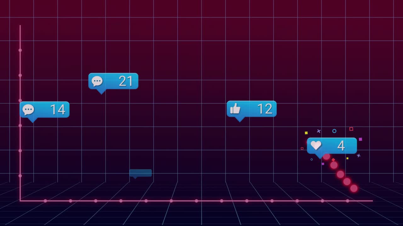 Pink dotted line appearing left moving down blue bubbles popping updating engagement showing drop