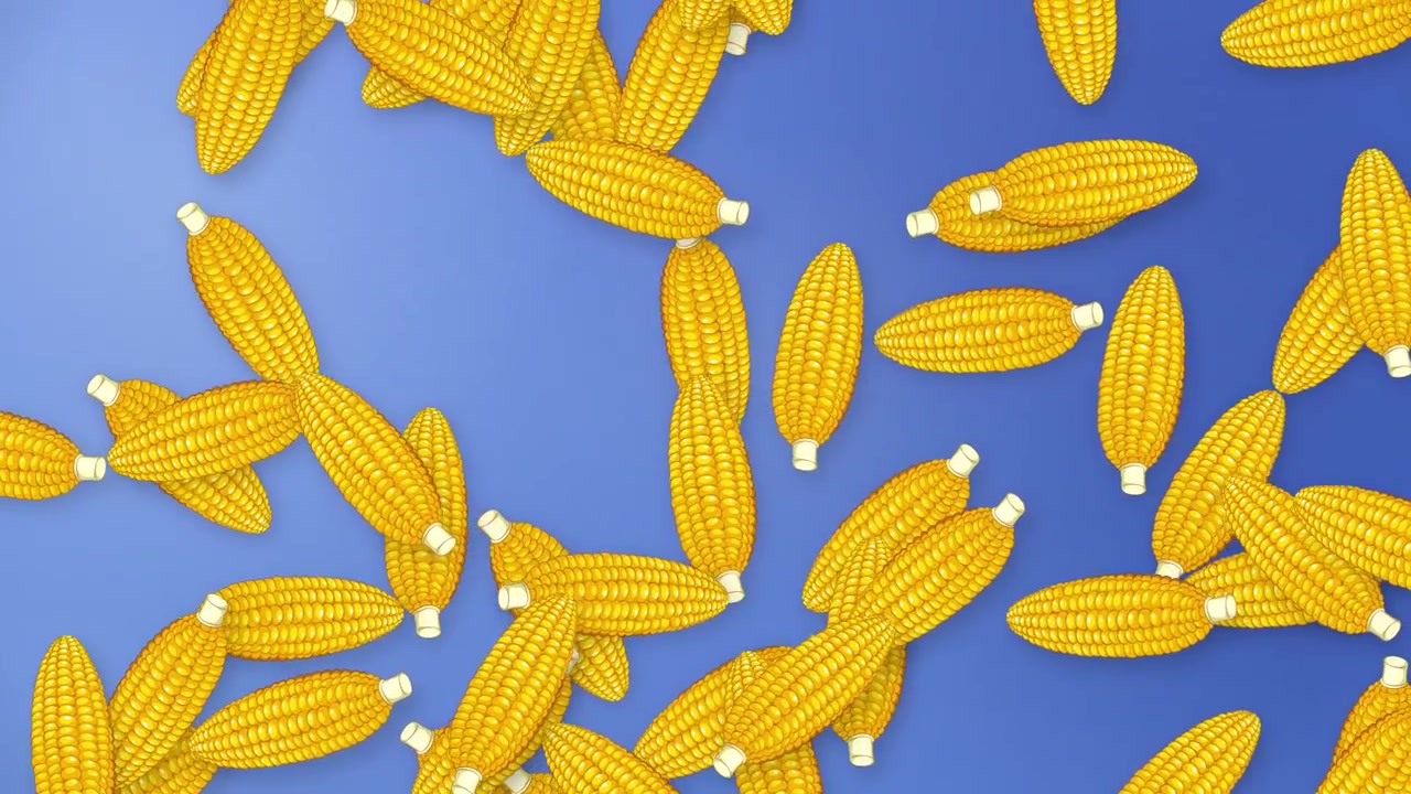 Stylized yellow corn cobs fall and tumble across a vibrant blue gradient background.