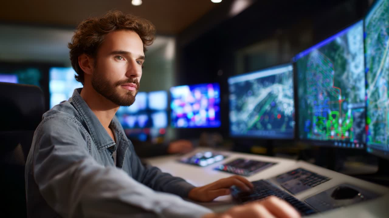Operatore di sesso maschile concentrato che gestisce più monitor in una sala di controllo high-tech, analizzando i dati e monitorando le informazioni in tempo reale con attenzione ai dettagli