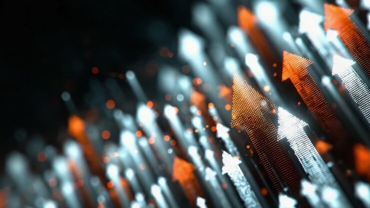 Abstract orange and white digital arrows ascending diagonally on a dark background with glowing particles, symbolizing business growth, stock market success, progress and innovation