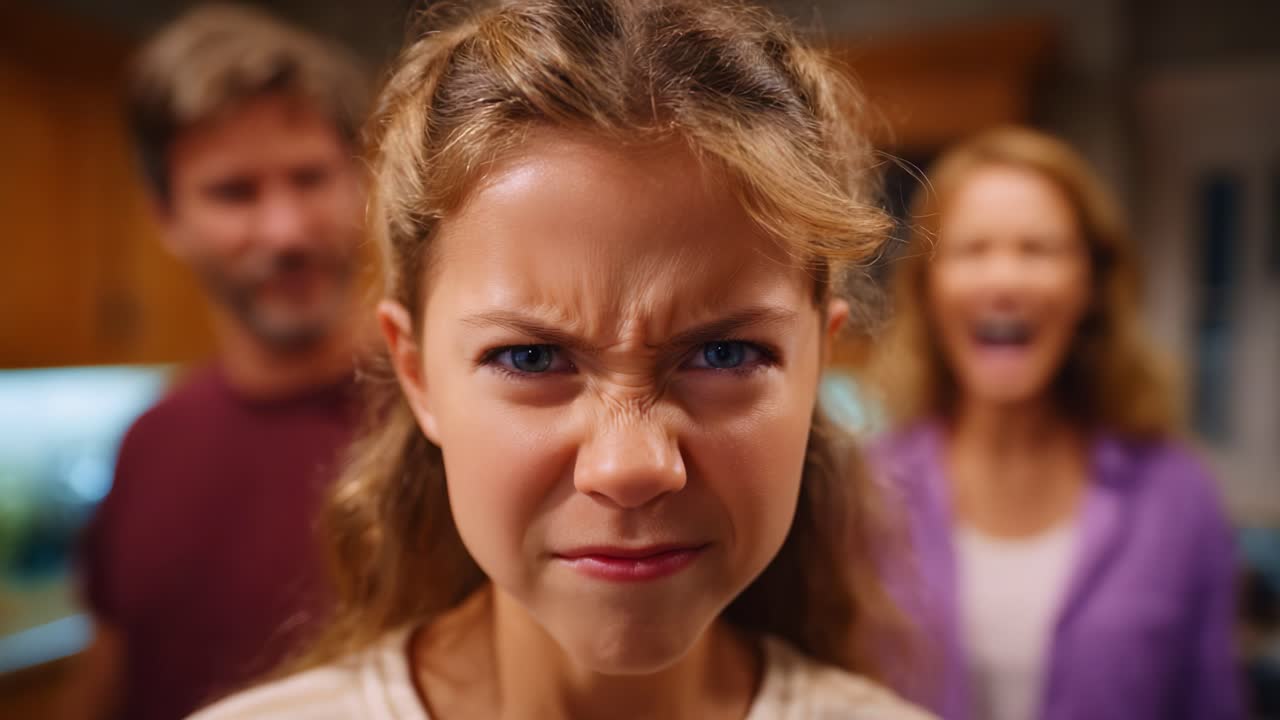 A Young Girl's Intense Expression of Anger Captured in Dramatic Moments with Distressed Parents in the Background, Showcasing Emotional Depth and Family Dynamics