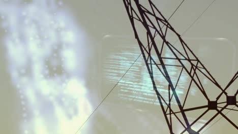 animation of data processing and moving shapes over landscape with electricity pylons