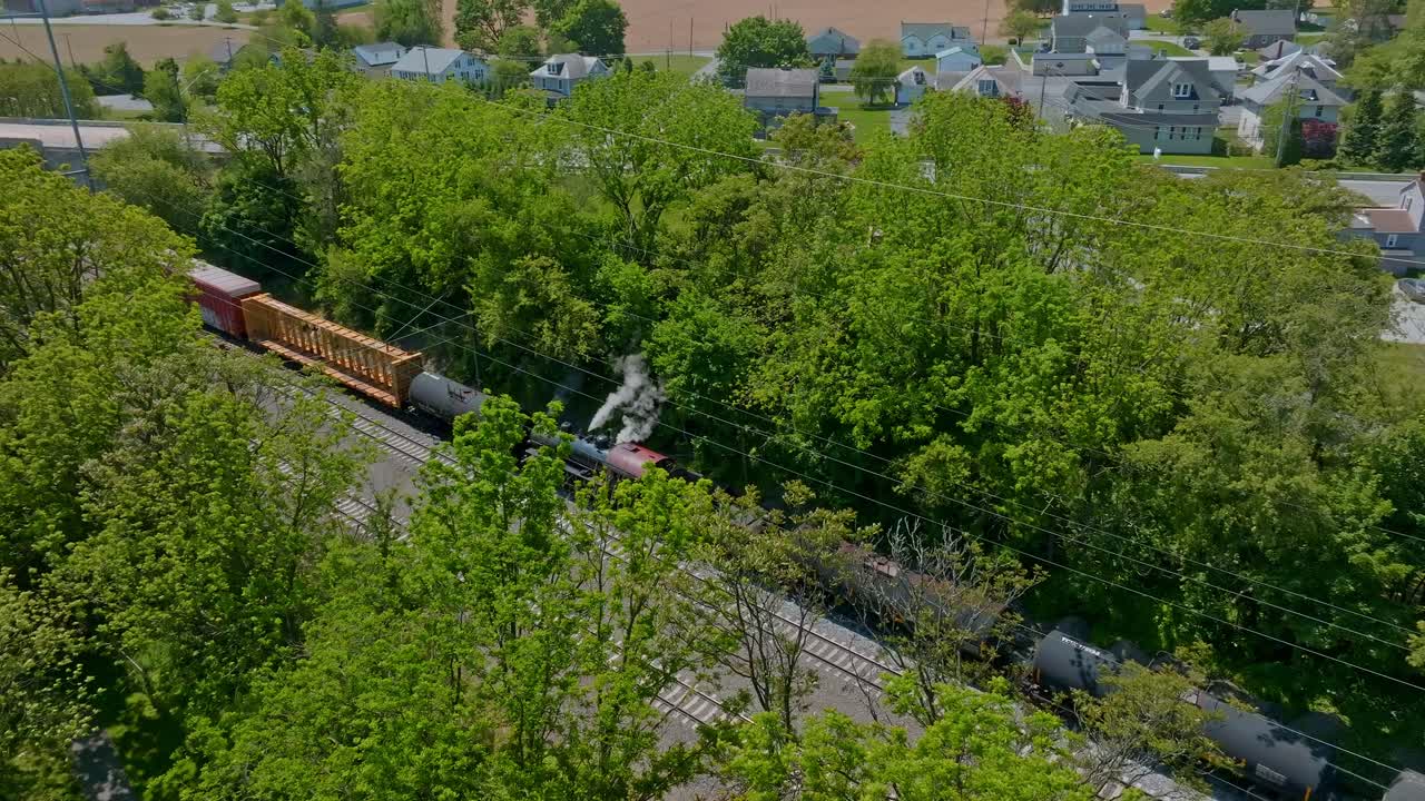 A freight steam train glides along the tracks, surrounded by tall trees and homes. The vibrant green landscape adds charm to this picturesque railway journey.
