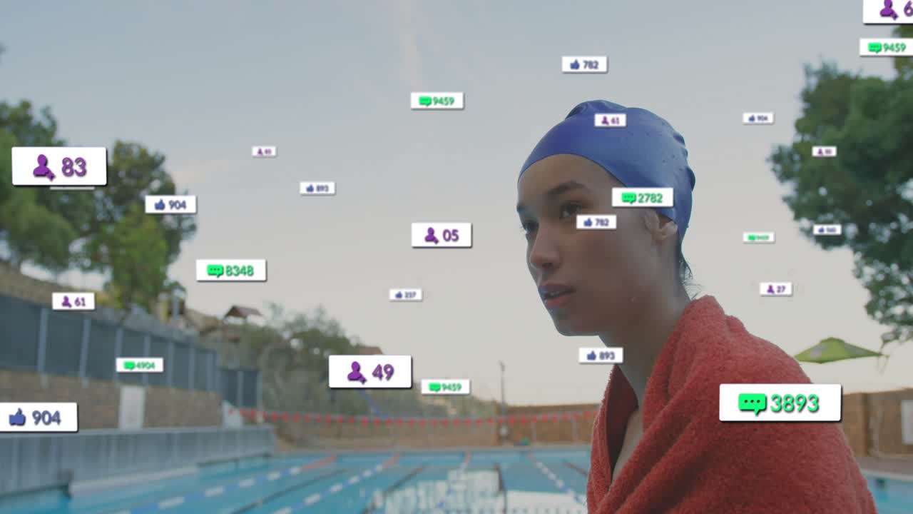 Woman swimmer lifting head, scanning right poolside, tracking social buzz with likes circling her
