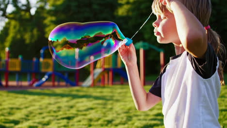 child blowing large bubbles in a sunny park