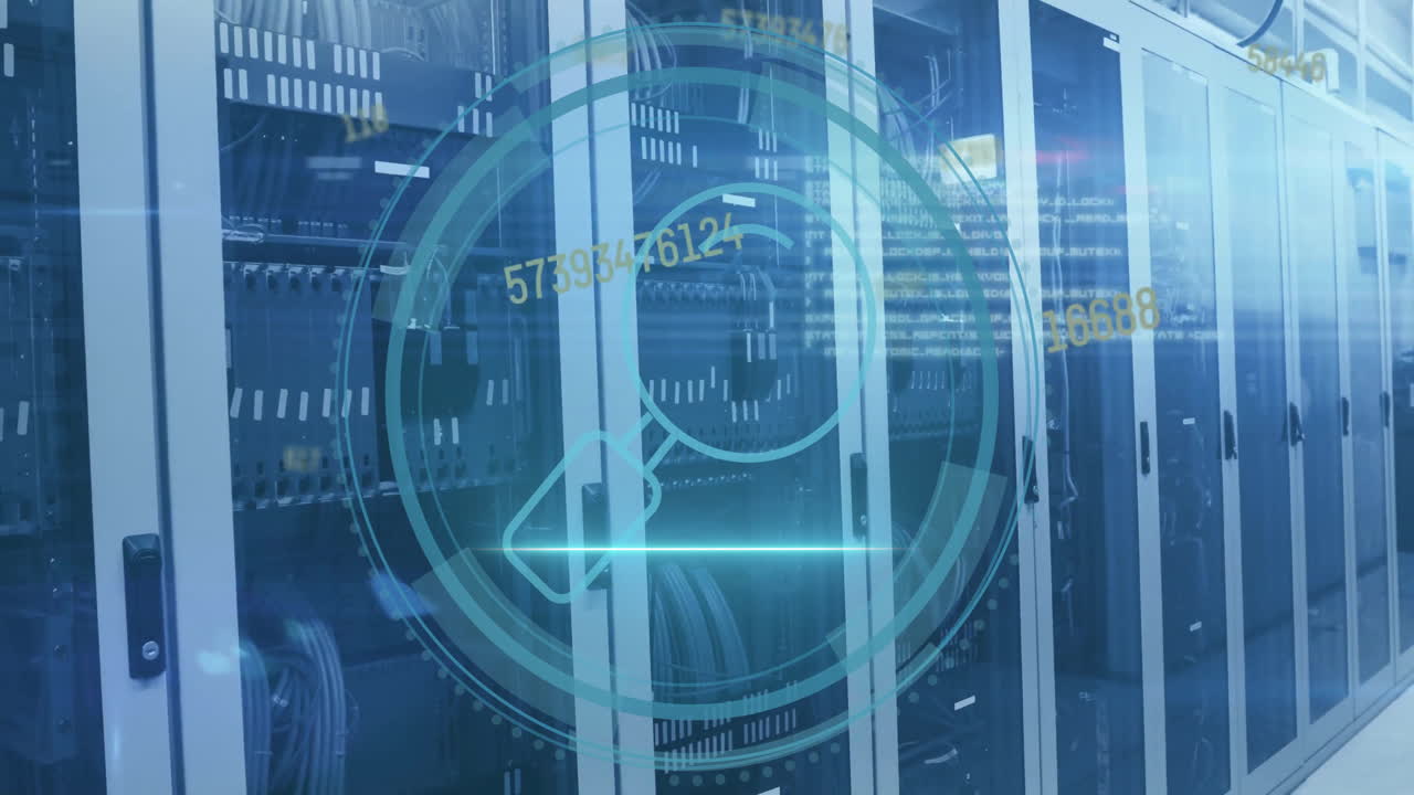 animación del alcance con icono de búsqueda y procesamiento de datos a través de servidores informáticos