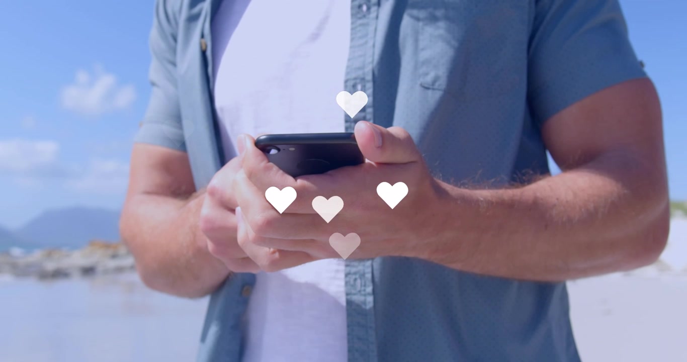 Animation of man using smartphone over cityscape