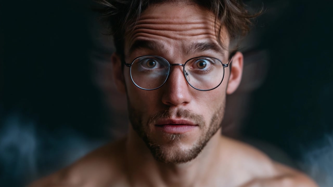Um Jovem Adulto Pensativo com Óculos e Peito Nu: Capturando Emoção em um Retrato em Close-Up Instigante