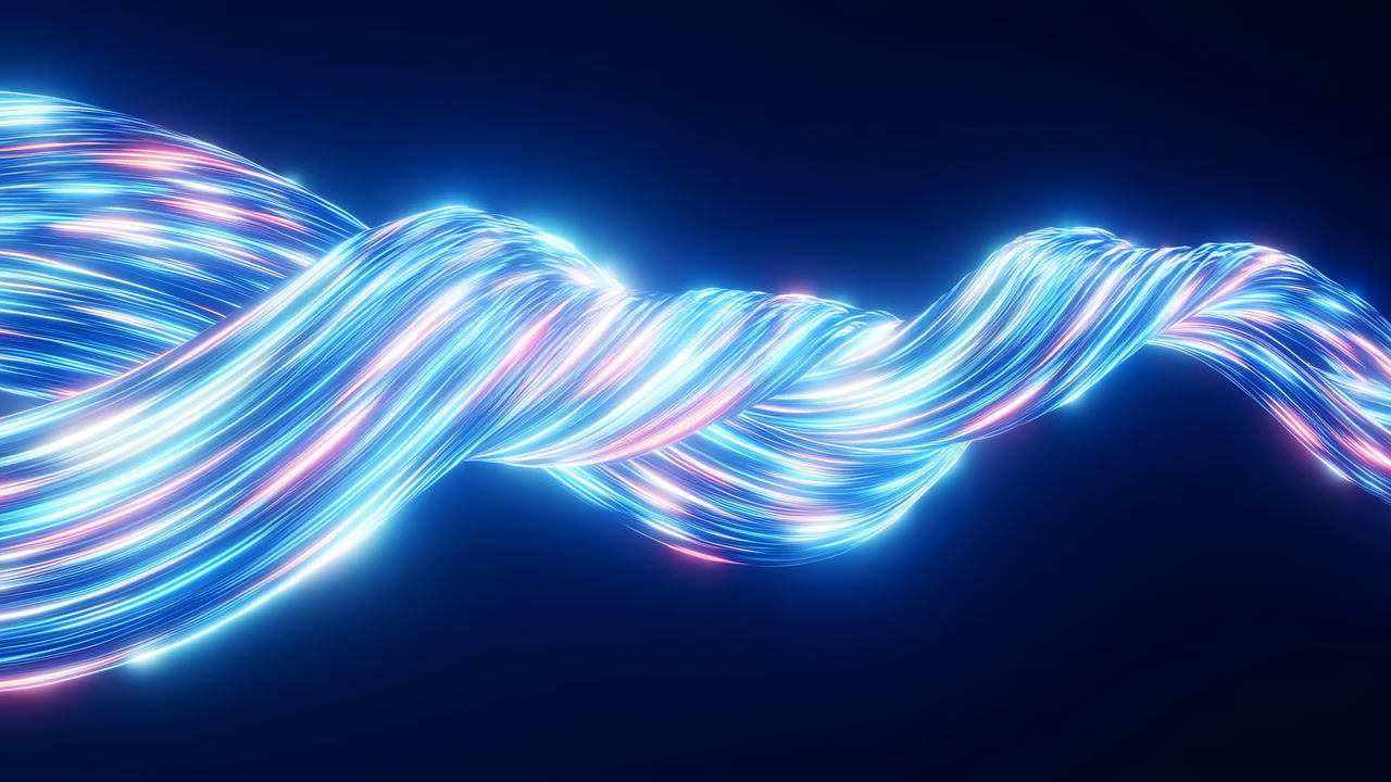 Glowing Braided Ribbons Of Neon, Iridescent Light Strands Twisting In Dark Space, Electric Motion And Vibrant