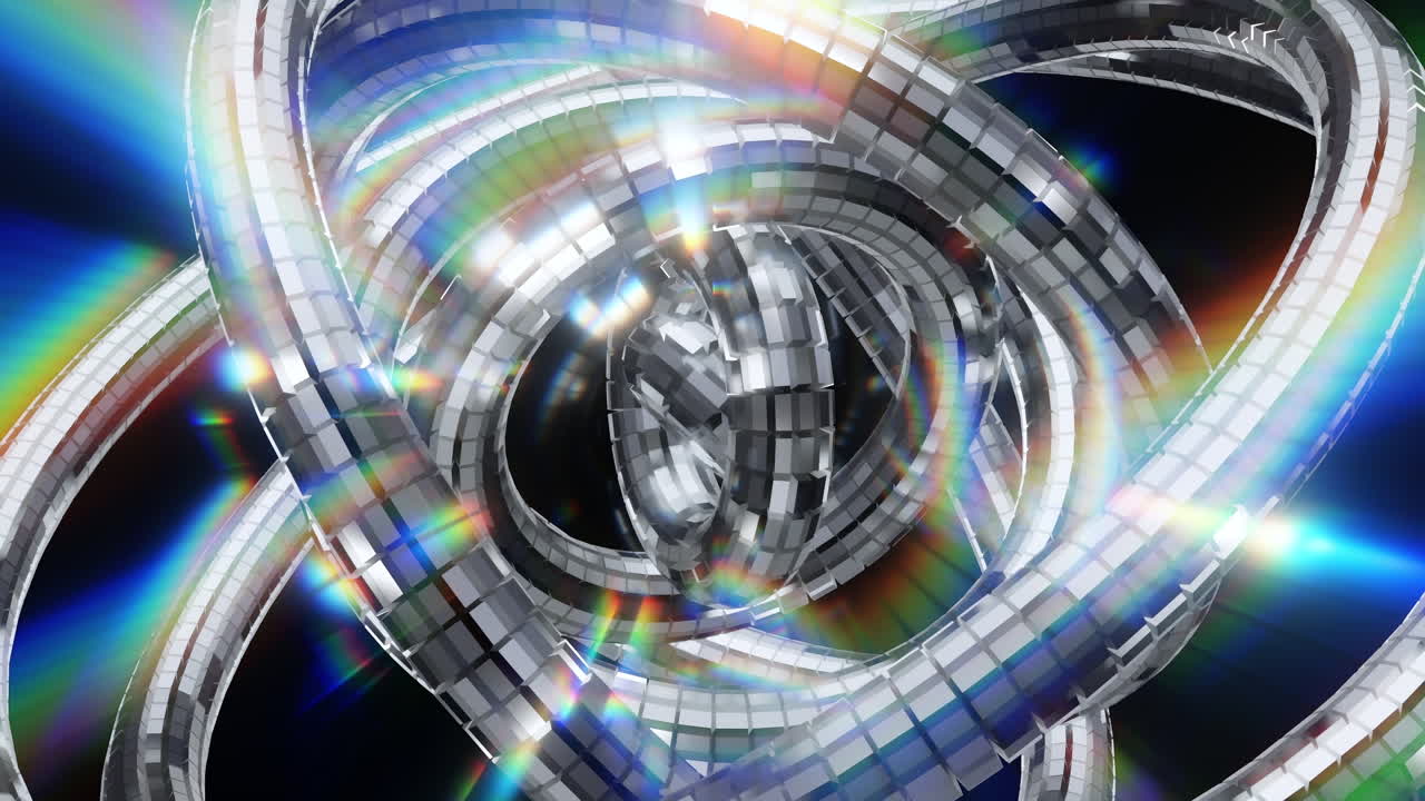 Spinning metallic torus rings with rainbow light dispersion and glossy reflections in abstract 3D background