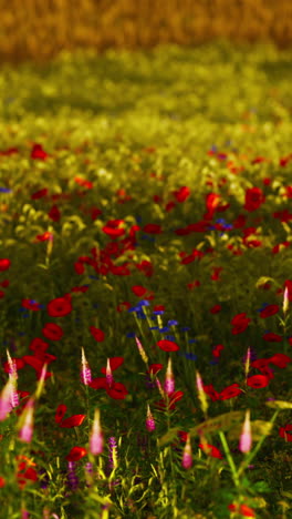 un campo de amapolas rojas y flores silvestres azules