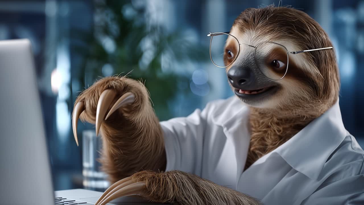 Leniwiec ma na sobie okulary i fartuch laboratoryjny. Pisze na laptopie ze skupionym wyrazem twarzy. Tło przedstawia rozmyty sprzęt laboratoryjny i rośliny. Scena sugeruje spokojne, przemyślane badania. Leniwiec lekko się uśmiecha