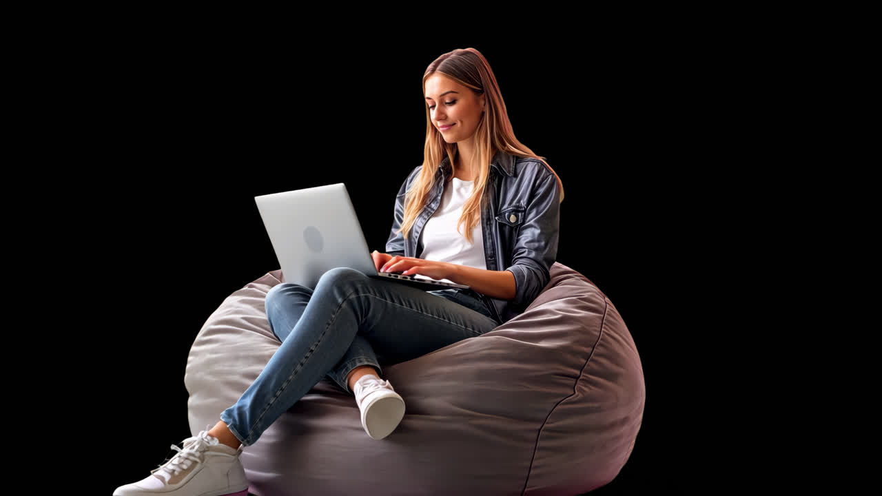 Woman sitting on a beanbag animation isolated asset, transparent 4K video, alpha channel, ProRes