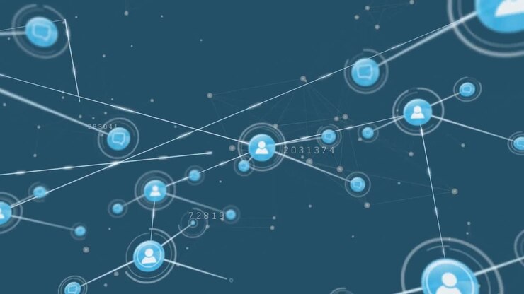 Animation of icons, dots connected with lines and numbers against blue background
