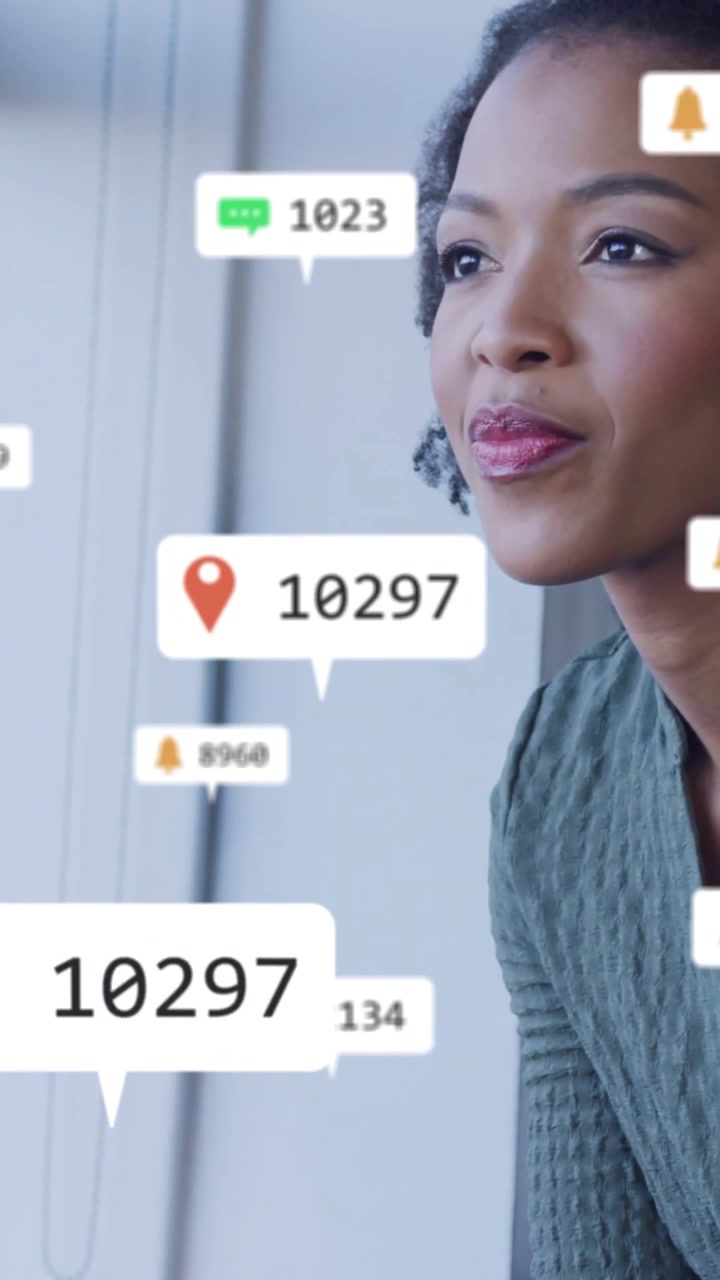 Vertical video: Woman tracking business UI while badge appearing, pins and counts updating, smiling
