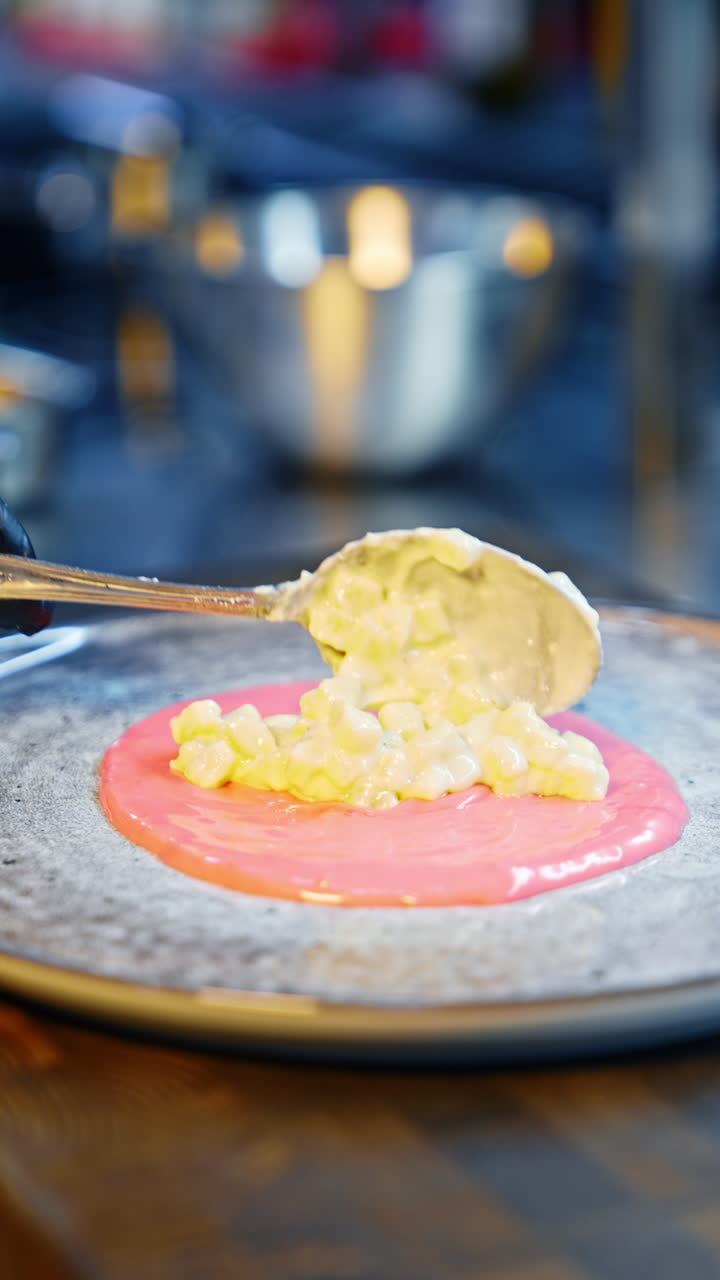 Cooked dish is put on the plate with pink sauce on. Serving the dish for dinner. Close up. Vertical video.