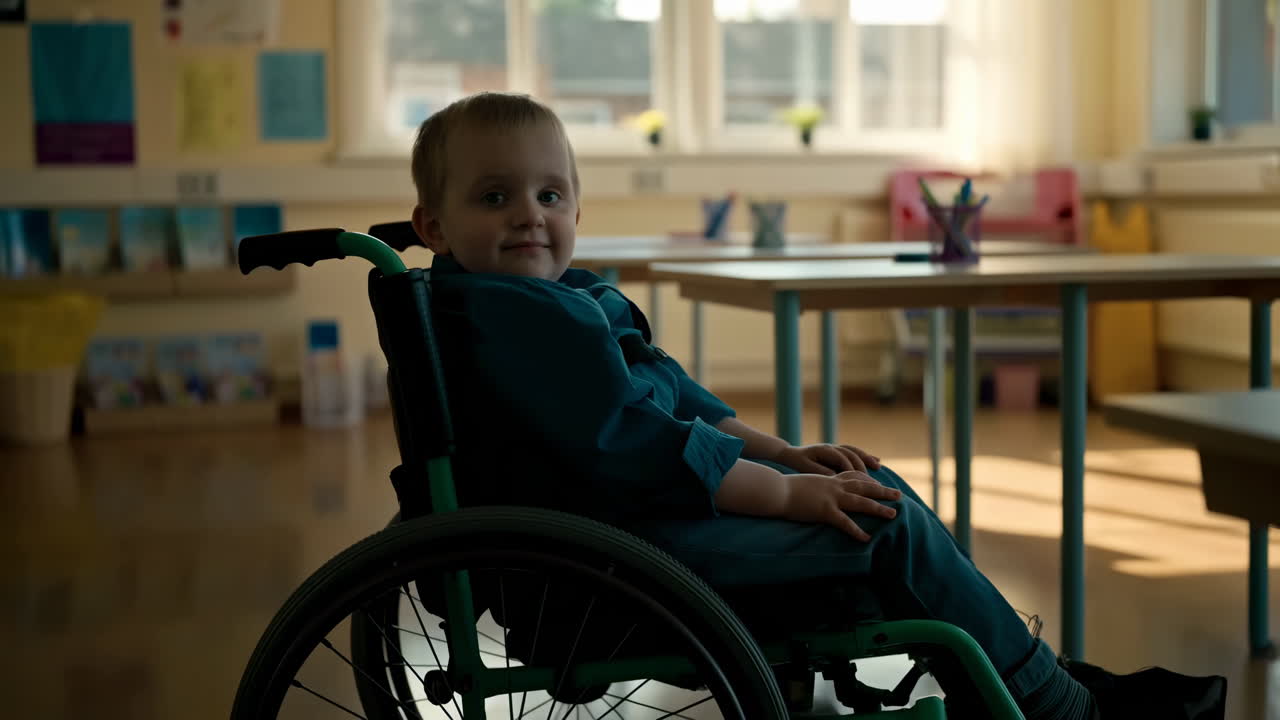 Giovane ragazzo con disabilità seduto su una sedia a rotelle in classe
