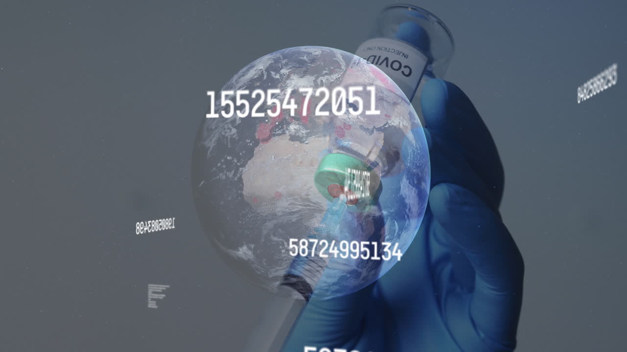 세계 전역에서 코로나19 백신을 주사기에 채우는 사람에 대한 여러 번 변하는 숫자