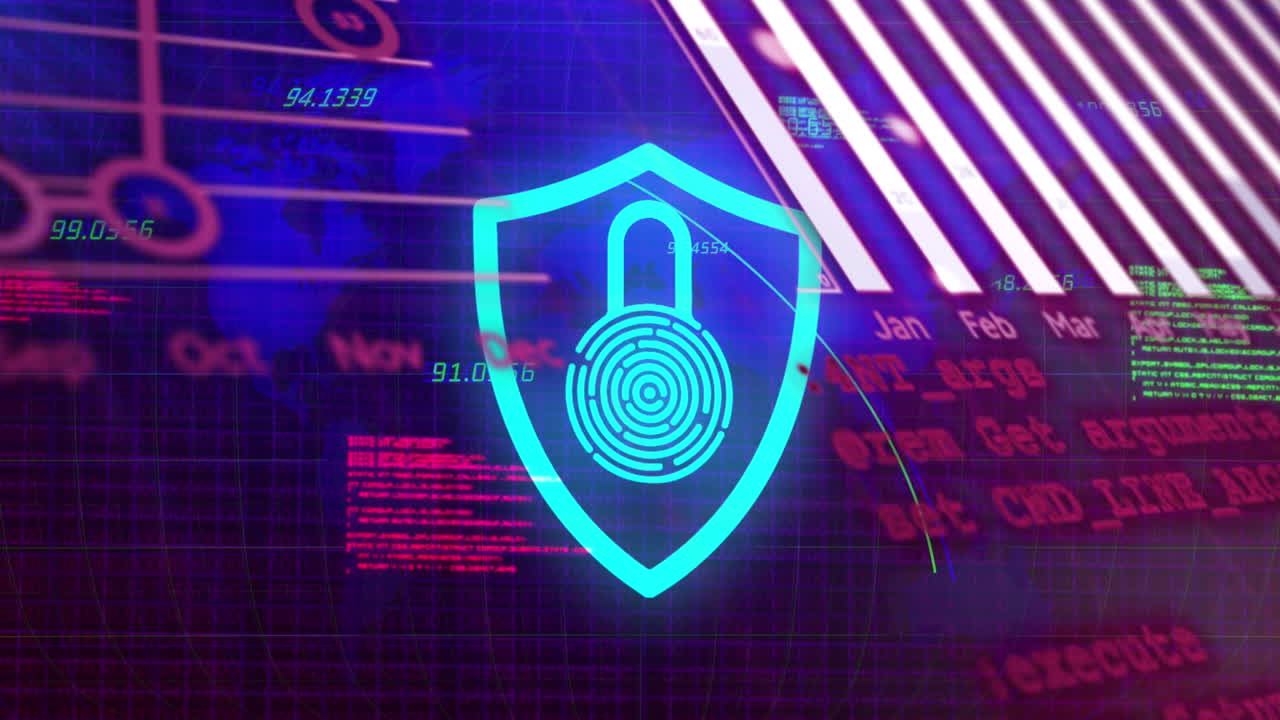 animación del procesamiento de datos sobre el icono del candado y el mapa del mundo sobre fondo negro