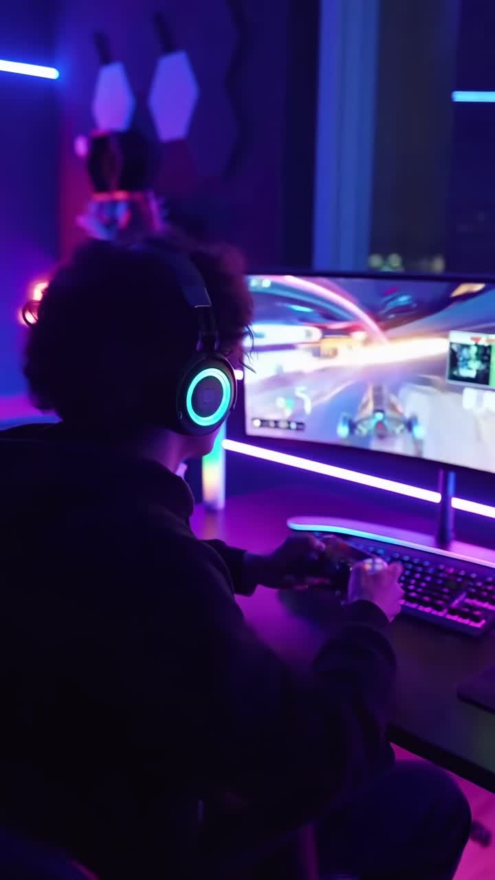 Un gamer in una stanza illuminata al neon gioca ai videogiochi. L'angolazione laterale cattura un'atmosfera vibrante e futuristica