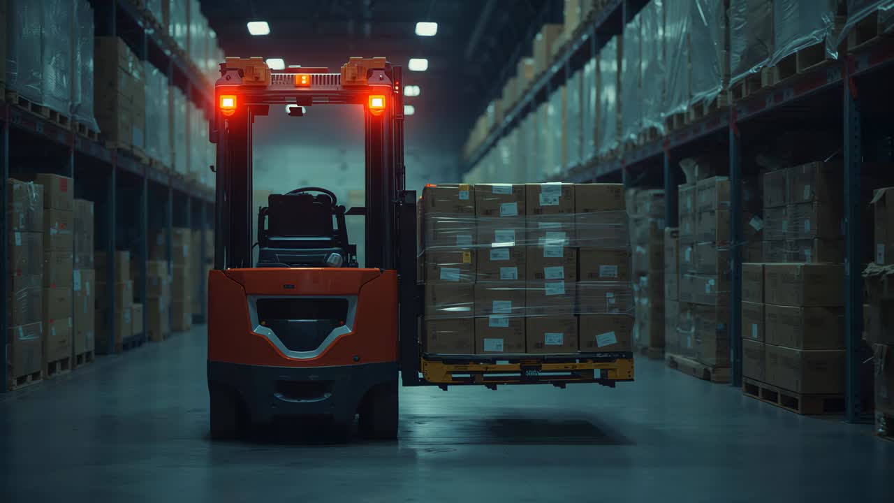 Electric forklift navigating warehouse aisle past shelving as operator aligning forks under pallet