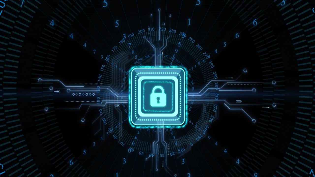 Animation of digital data processing and security padlock over black background