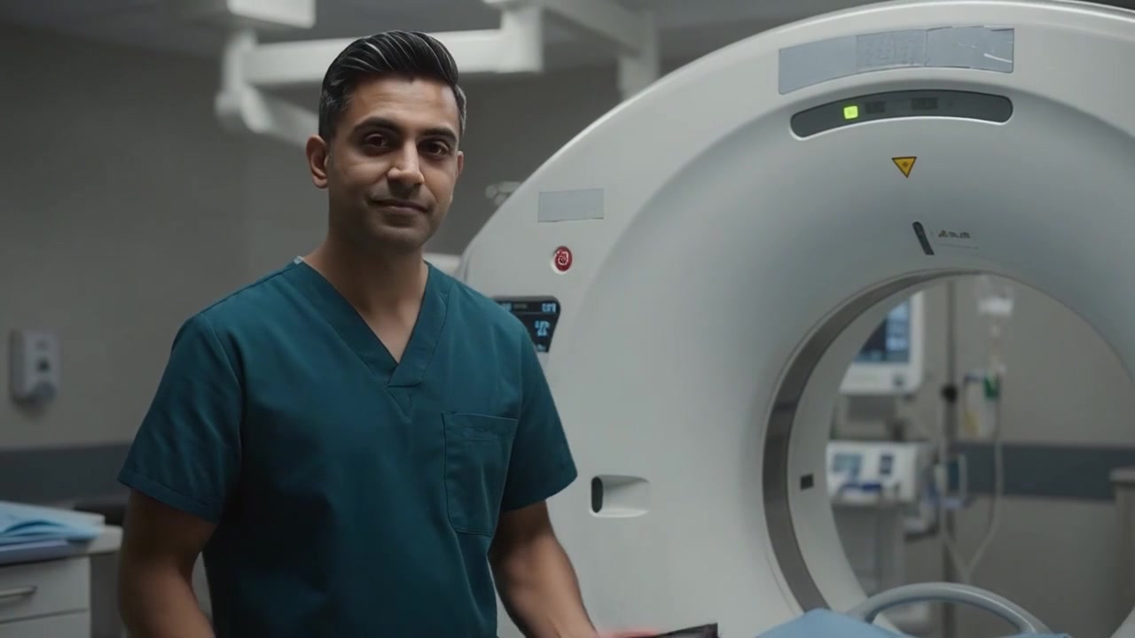 Male Radiologist Operating CT Scanner in Hospital Radiology Department