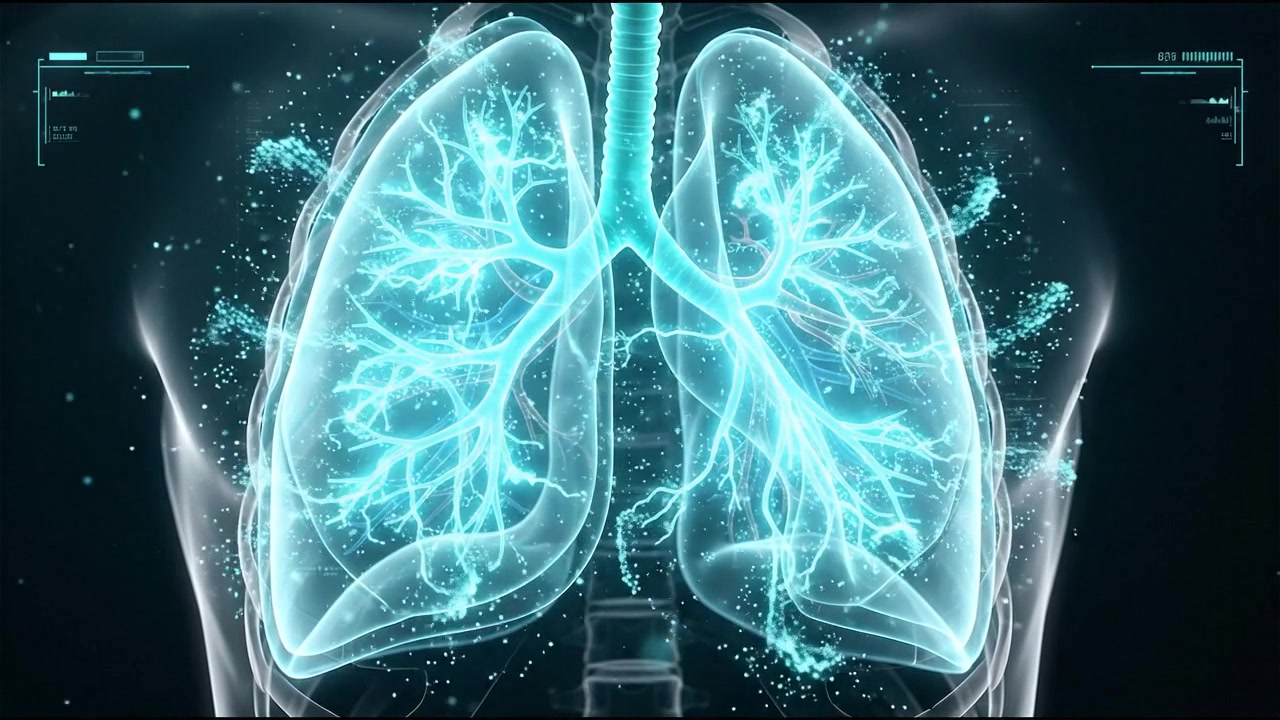 Animazione digitale di polmoni umani che respirano con sovrapposizione di dati medici