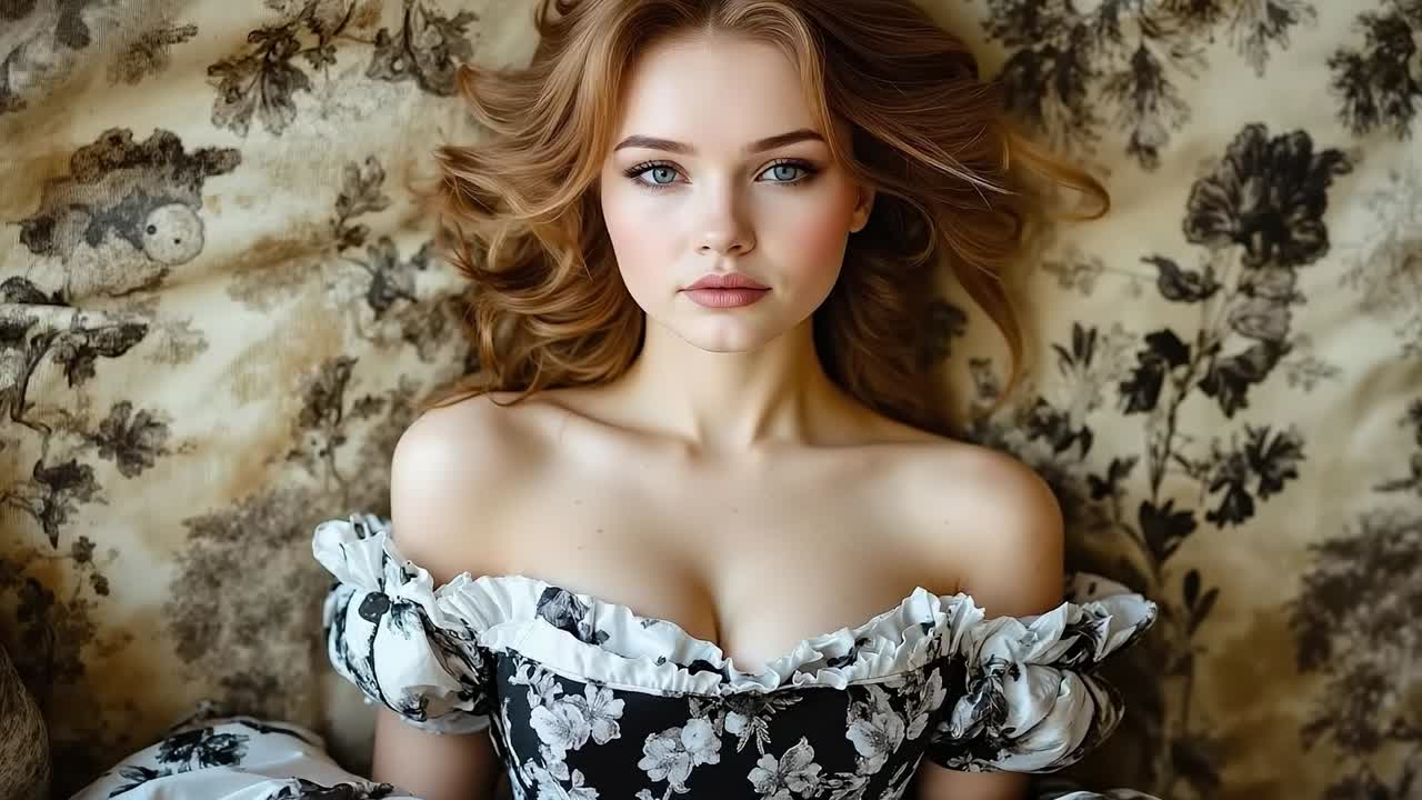 A woman in a black and white dress laying on a couch